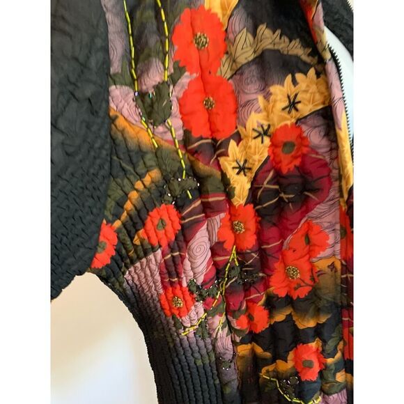 Y2K VTG UBU Puffer Jacket Crushed M Ruched Floral 90 Beaded Crinkle Zip Art Boho - Picture 10 of 16